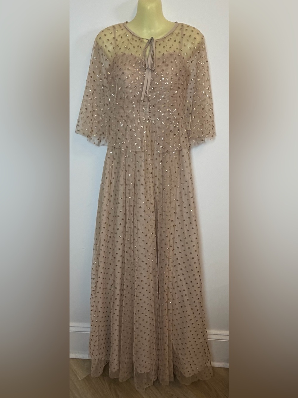 Eliza J Taupe Beaded Long-Sleeve Evening Gown